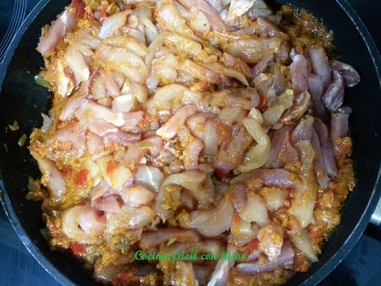 fajitas de pollo, sofrito con carne