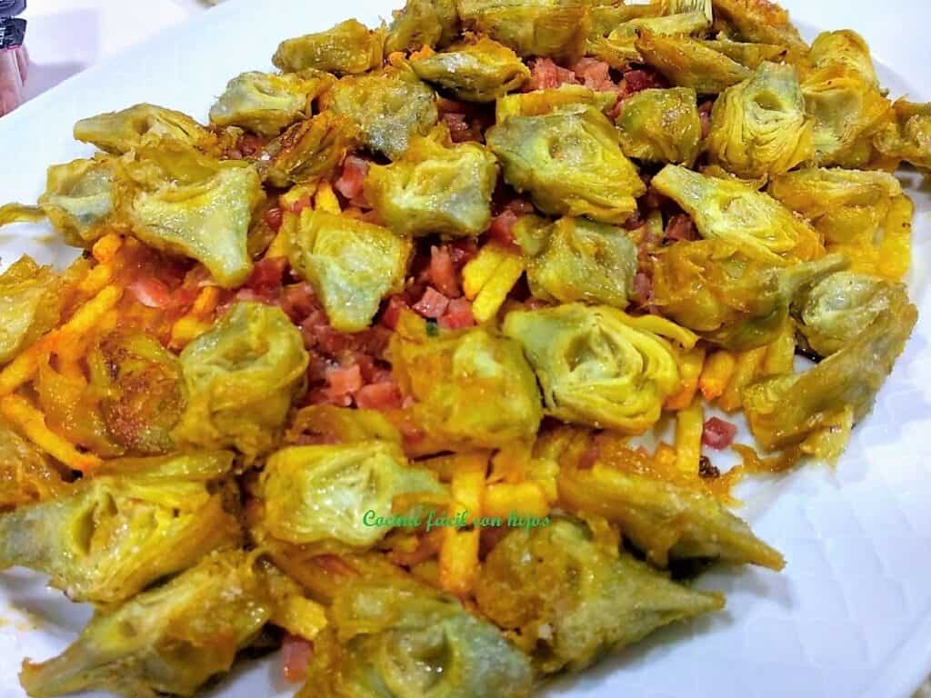 Alcachofas confitadas, plato terminado, presentación receta