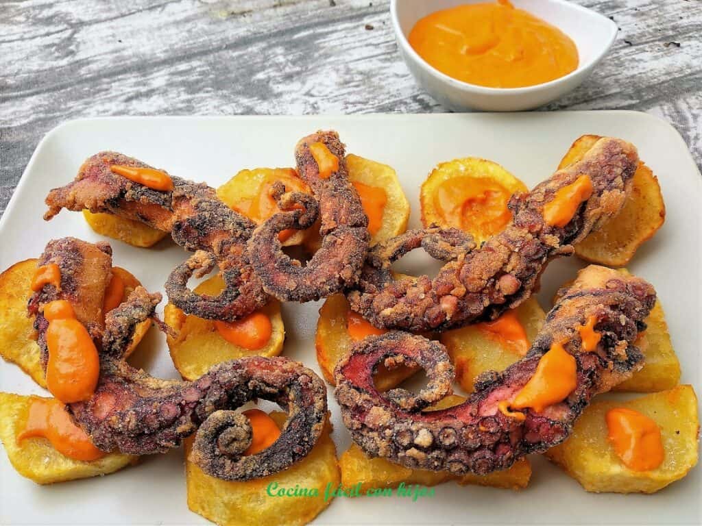 pulpo frito, plato terminado, foto receta